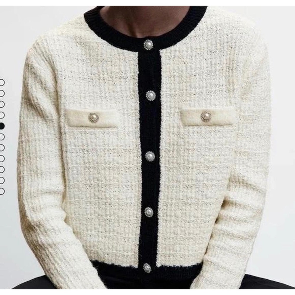 Mango MNG Cream Black Tweed Style Knit Cardigan Pearl Button Size Large NEW